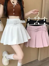 Saias Zoki Japão Doce Cinto Branco Plissado Saia Mulheres Sexy Cintura Alta Mini Verão Estilo Preppy Feminino Casual Uma Linha Rosa