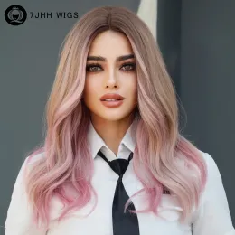 Wigs 7jhh Perücken Ombre Blond zu rosa langen wellenblonden Perücken für Frauen täglich Cosplay heiße Liebe Synthetisches Haar Lolita Perücken Hitzeresistent