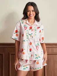 Home Clothing Two Piece Sets Women Summer Satin Pajama Print Short Sleeve Shirts Shorts Outfits Fashion Casual Loungewear