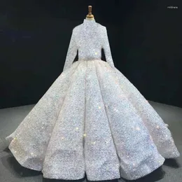 Partykleider Luxus Saudi-Arabien Hochzeitskleid Braut Fantasie Pailletten Stehkragen Langarm Abend Elegantes Abschlussballkleid A077