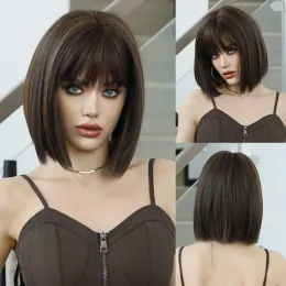 Wigs Namm Короткий прямой темно -коричневый парик для женщины ежедневно косплей лолита выделяет апельсиновый боб парики синтетические волосы