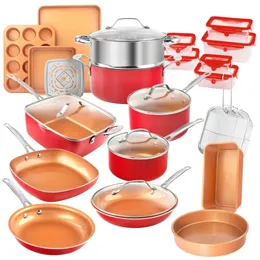 32 Pcs Cookware Set Bakeware and Food Storage Nonstick Pots Pans Red cooking non stick pot food 240328