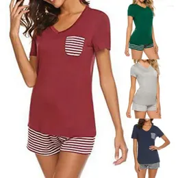 여자 2 피스 바지 2 PC/세트 레이디 잠옷 세트 스트라이프 인쇄 v 넥 짧은 슬리브 캐주얼 티셔츠 여성 속옷