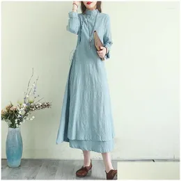 Ethnic Clothing 2023 Chinese Cotton Linen Retro Style Dress Womens Summer Standing Collar Long Art Impd Qipao Drop Delivery Apparel Dhxjt