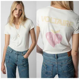 24SS Zadig Voltaire Mulheres Designer Camiseta de Algodão Novo Zadigs Tops Voltar Letras Apple Love Imprimir U Pescoço de Algodão Mulheres T-shirt de Manga Curta