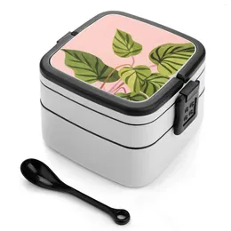 Louça Tropical Rising Rosa e Verde Planta Bento Box Almoço Recipiente Térmico 2 Camadas Casa Saudável