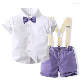 Conjuntos de roupas moda bebê menino roupas cavalheiro terno manga curta gravata borboleta topos suspensórios shorts 2 pçs conjunto meninos crianças formais