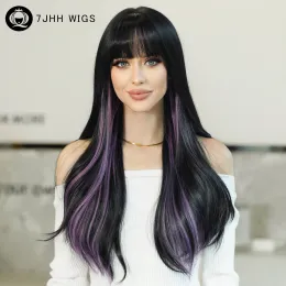 Wigs 7jhh парики длинный волнистый темно -зеленый парик для женщин ежедневная вечеринка косплей Выделит фиолетовый синтетический парик волос с теплостойкой для тепло