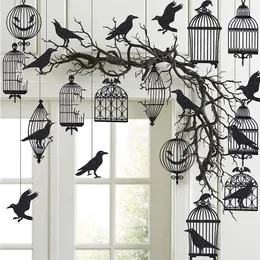 Decorazione per feste 24 pezzi Gabbia per corvo nero Albero gotico di Halloween Appeso Corvo per uccelli Banner Centrotavola Forniture per compleanno horror