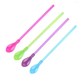 Disposable Cups Straws 4 Pcs Straw Spoon For Party Plastic Oatmeal Drinking Tea Stir Multifunction