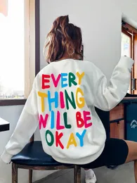 Women's Hoodies Fashion Womans Sweatshirt Everything Will Be Okay Letter Printed Pullover Loose Warm Crewneck Casual Female Clothing