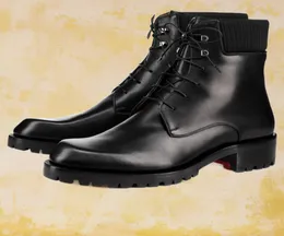 Red Botom Men Ankle Boot Platform Lug Rubber Sole Trapman Svart stickat och kalvläder spetsar upp utomhusskortränare 38473911110