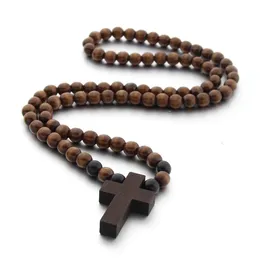 Collana con croce in legno naturale per uomo Donna Perline di legno classiche fatte a mano Catena Collane Hiphop Ciondolo religioso Regalo di gioielli Hip Hop