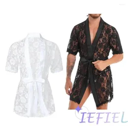 Casa roupas masculinas floral renda lingerie festa ver através da noite-roupão masculino sissy roupa interior cardigan roupão de banho loungewear pijamas