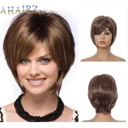 Parrucche parrucca sintetica a bob marrone miscelato con soffice scoppi laterali per donne parrucche dritte dritte resistenti al calore cosplay parrucca