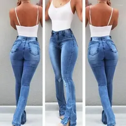 Women's Jeans Office-lady Sexy Solid High Strecth Split Denim Women Fashion Slim Ripped Flare Pants With Pockets Trousers 30304