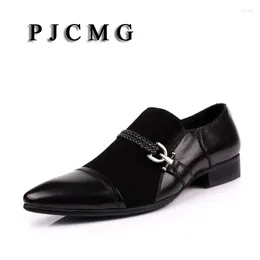 Dress Shoes PJCMG Fashion Comfortable Black Genuine Leather Slip-On Pointed Toe Nubuck Pattern Flat Man Casual Classic Gentleman