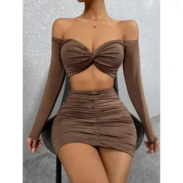 Casual Dresses Sexy Off Shoulder Long Sleeve Dress Low Cut V Neck Bodycon Pleated Ruched Backless Two Piece Set Women Party Elegant