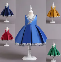 Lindo vinho amarelo azul verde com decote em V Vestidos de aniversário/festa para meninas Vestidos de concurso para meninas Vestidos de flores para meninas Saias do dia a dia para crianças SZ 2-10 D402153