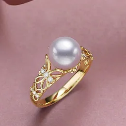 Ringos de banda 18k Gold Pearl Butterfly Anel aberto para o noivado de noiva Festa de aniversário de casamento 999 Gold Ding Ring Requintado Jóias Presente