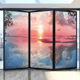 Window Stickers Lake Landscape Pattern Privacy Film PVC Frosted Anti-UV Static Cling Glass Bathroom Door Tint