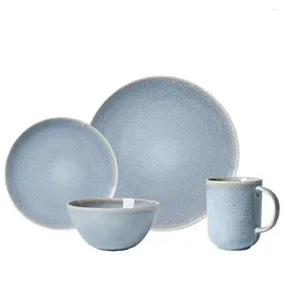 Bowls Blue Round Rough Pottery 16 Piece Tableware Set