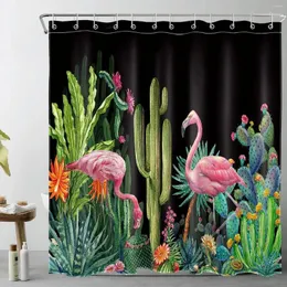 Shower Curtains Tropical Cactus Flamingo Succulent Green Plants Black Bath Curtain Polyester Fabric Bathroom Decor With Hooks