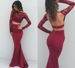 2017 Celebrity Bourgogne Color Long Sleeve 2K17 Party Queen Floor Längd Prom Dresses Evening Wear Formal Gowns Two Pieces4177692