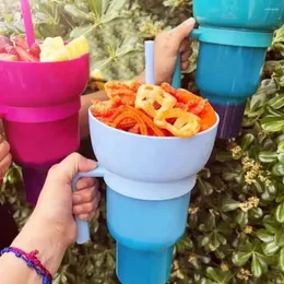 Copos pires portátil snackies copo 2 em 1 à prova de respingos à prova de vazamento superior lanche tigela na bebida pipoca estádio tumbler com viagem de cinema de palha