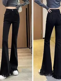Women's Jeans Strong Miniature High -waisted Thin Y2k Spring And Autumn Tassel Elastic -waist Slim Pants