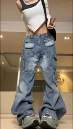 Jeans da donna dritti retrò a vita bassa larghi lavati multitasche Hip Hop pantaloni cargo a gamba larga da donna tutti abbinati streetwear