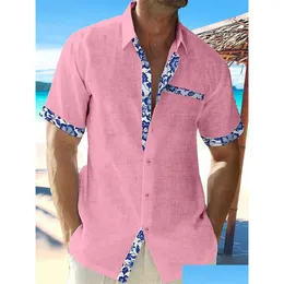 남성용 캐주얼 셔츠 하와이 남성 린넨 셔츠 레이스 인쇄 비치 주머니 짧은 슬리브 오버 사이즈 재킷 5 색 여름 패션 2023 dhtak