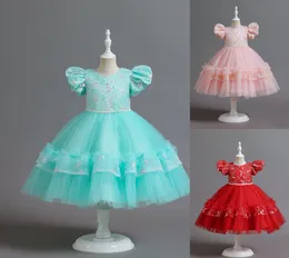 Hübsche Mint-Rot-Rosa-Juwelen-Geburtstags-/Partykleider für Mädchen, Festzugskleider für Mädchen, Blumenmädchenkleider, Alltagsröcke für Mädchen, Kinderkleidung, Gr. 2–10, D402146