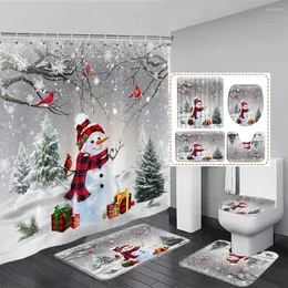 Chuveiro cortinas inverno natal cortina conjunto bonito boneco de neve pássaros vermelhos presentes floresta cedro ano natal decoração do banheiro tapete banho toalete