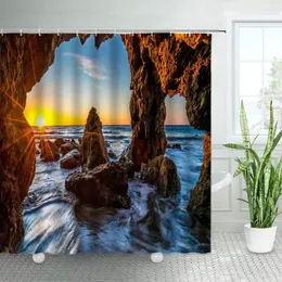 Shower Curtains Dusk Ocean Cave Sea Wave Natural Landscape Fabric Bathroom Decoration Bathtub Chic Bath Curtain With Hooks