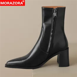 Boots Morazora جديدة منقسمة الجلود أحذية الكاحل عالية الجودة للنساء المدببة إصبع القدم سحاب مكتنزة عالية الكعب الخريف الحجم الكبير 3443