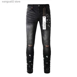 Dżinsy męskie fioletowa marka łatka męska wysoka slim fit zmyta zniszczona dziura czarny hip hop dżinsy długie spodnie T240402