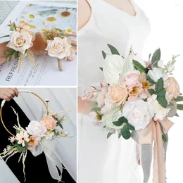 Decorative Flowers Yan Champagne Wedding Bride Bouquet Gold Hoop For Bridesmaid Corsage Man Boutonniere Country Wed Decors