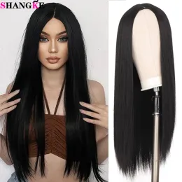 Peruklar shangke sentetik uzun düz siyah orta kısım peruk ağırlıklı fiber twotone cosplay peruk/kadınlar için günlük peruk