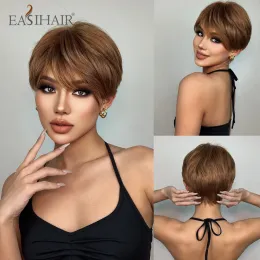 الباروكات Easihair Brown Golden Short Short Straight Wigs مع Pixie Cut Bangs Bob Layered Hair شعر مستعار للنساء Cosplay Party مقاوم للحرارة