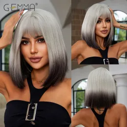 Wigs Blonde Ombre Black Straight Wig Synthetic Short Bob Wigs с челкой для чернокожих женщин белый косплей вечеринка для волос теплостой устойчивый