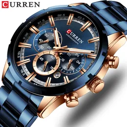 Curren modeklockor med rostfritt stål Top Brand Luxury Sports Chronograph Quartz Watch Men Relogio Masculino 240311