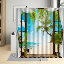 Shower Curtains Window Outside Island Beach Ocean Palm Trees Parrot Nature Scenery Bath Curtain Fabric Bathroom Decor With Hooks