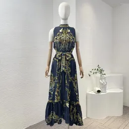 Vestidos casuais seda 2024 preto dourado floral impressão sem mangas halter auto laço de volta no pescoço mulheres vintage maxi vestido