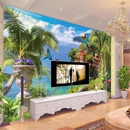 Bakgrundsbilder Wellyu Custom 3D Bakgrund Azure Coast Coconut Tree Flowers Flying Birds Mural TV Bakgrund Vägg vardagsrum sovrum papper