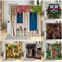 ستائر دش شارع الربيع نباتات زهور الحمام مجموعات عتيقة الأبواب الخشبية الزرقاء النوافذ
