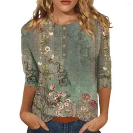 Kvinnors blusar Kvinnor Top Spring Autumn Vintage Floral Button-up för Colorfast Soft Breattable Three Quarter Sleeve Tops