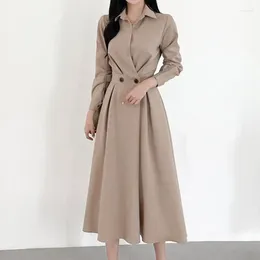 Casual Kleider Büro Dame Maxi Für Frauen Kleidung Drehen-unten Kragen Herbst Elegante Koreanische Hohe Taille Frau Kleid 2024 party Frühling Robe