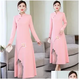 Etniska kläder kvinnor cheongsam impd klänning retro elegant tryck långa klänningar blommor parti qipao kinesiska vietnam traditionell t2376 drop dhzcu