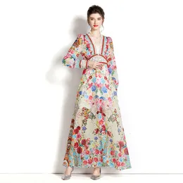 2023 Spring/Summer Deep V-neck Lantern Sleeve Printed Long Dress 230517